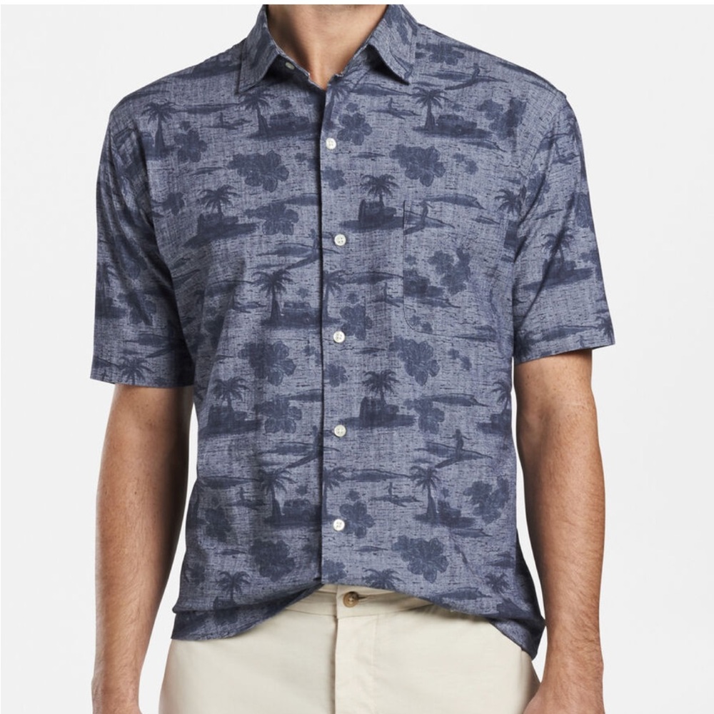 Peter Millar Lanai Landscape Short Sleeve Button Front Shirt navy blue size L